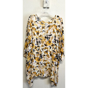 O'Neill Floral Coverup Tunic Size M/L Dolman Sleeves Mustard Yellow Cream